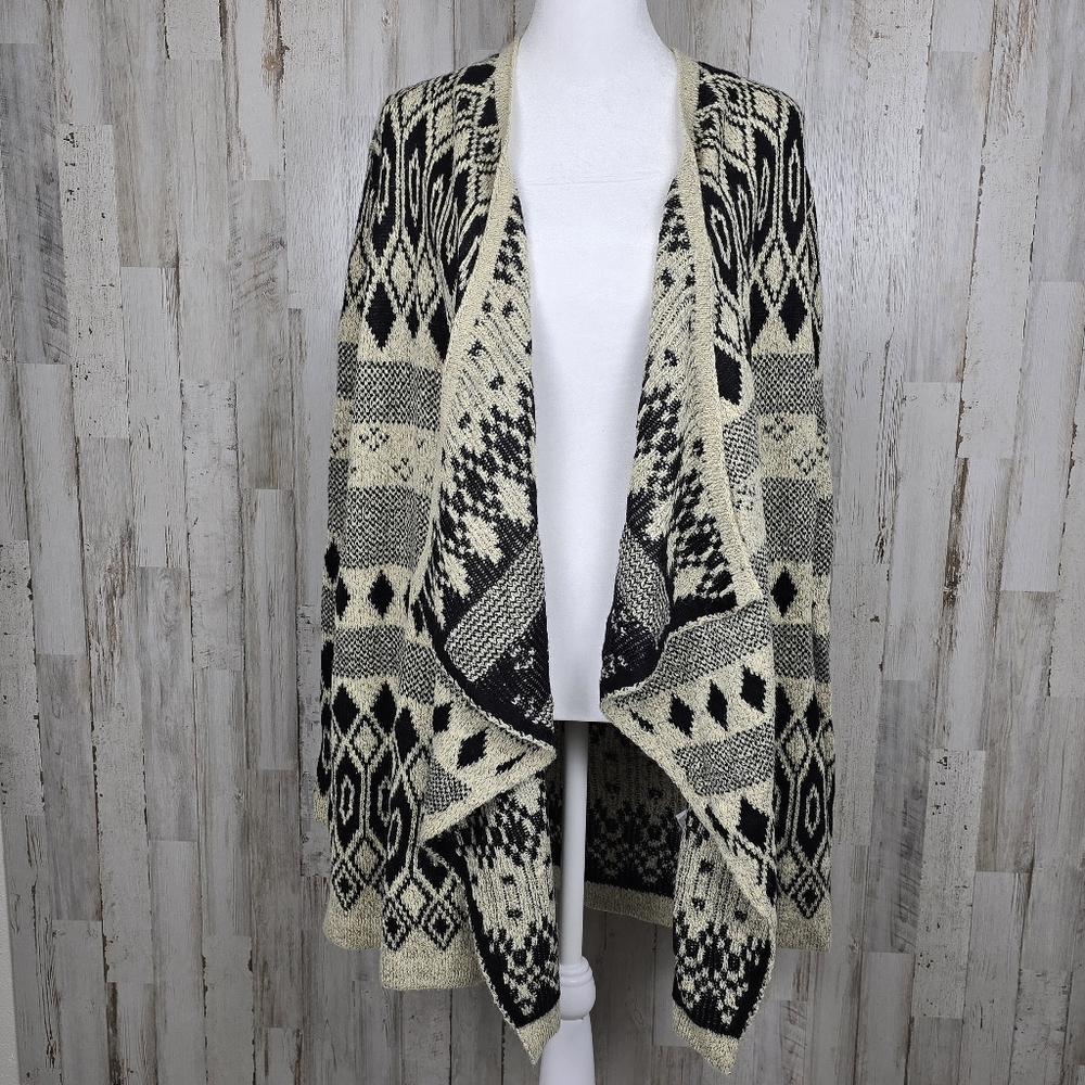 Lucky Brand Cream Black Aztec Boho Western Open Front Drape Long Cardigan Medium